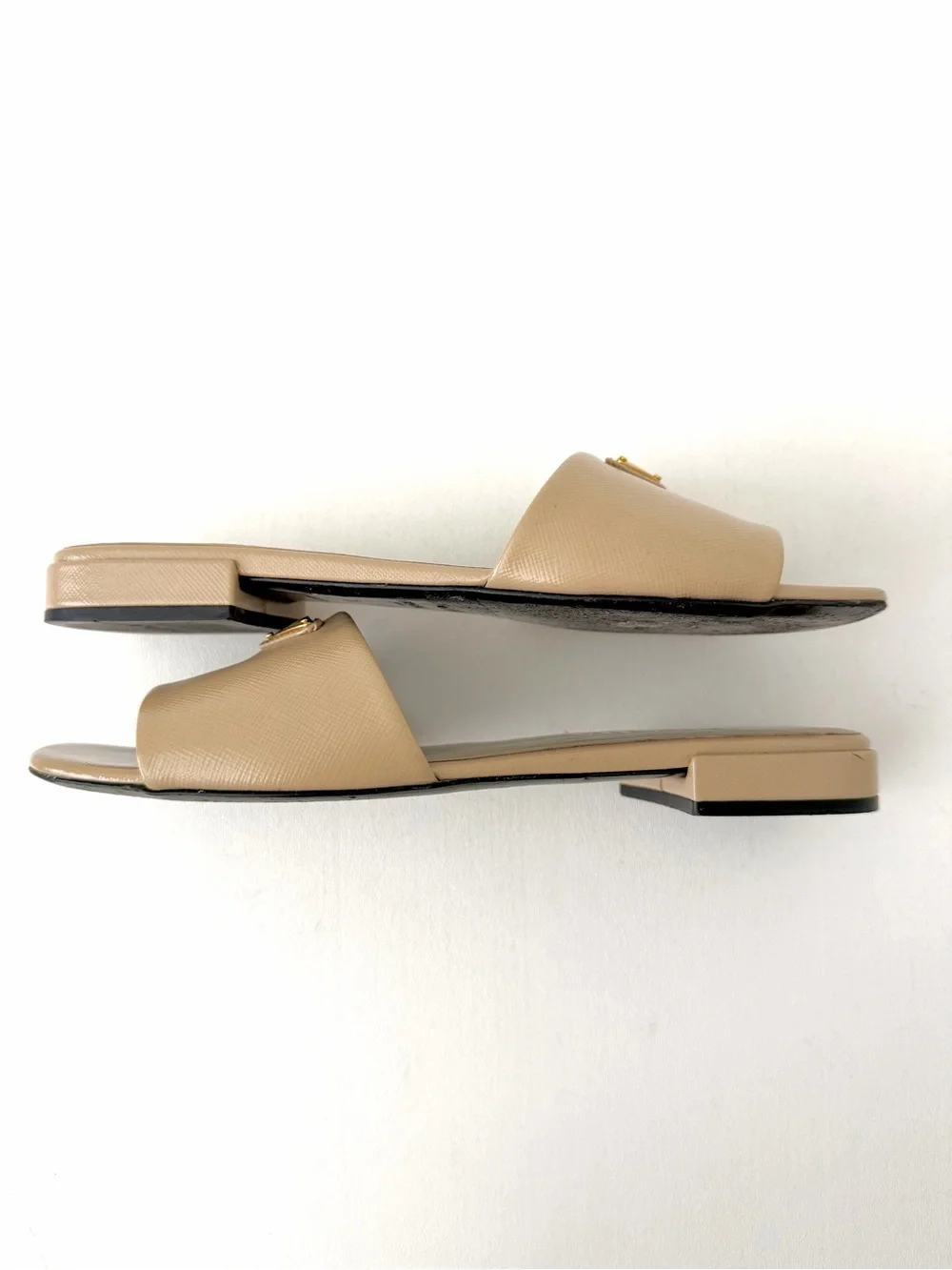 PRADA | Saffiano Patent Leather Triangle Logo Slides Sandals Flats Beige Sand 38